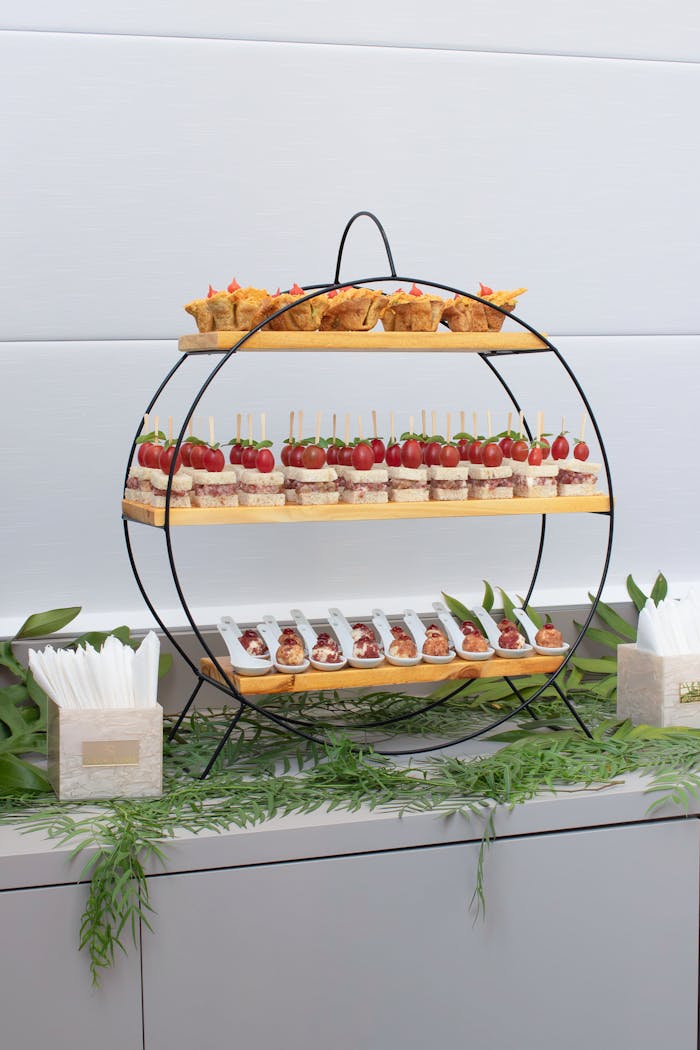 Services Sophisticated catering display with assorted hors d'oeuvres at an event in Belo Horizonte, Brazil.